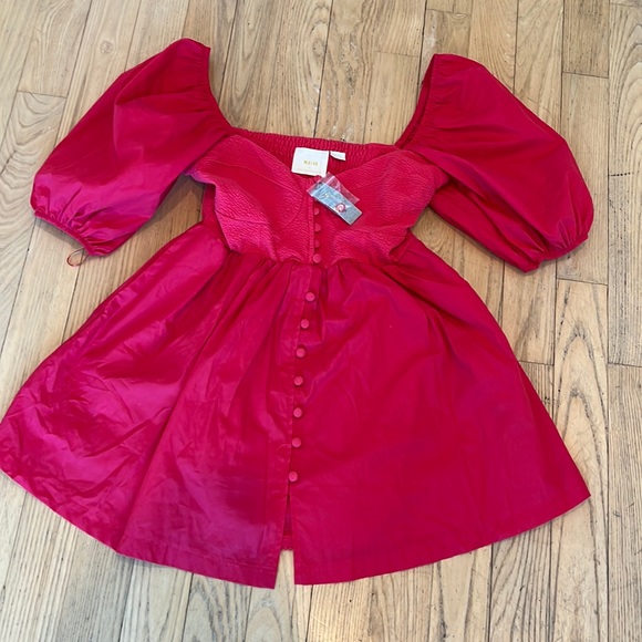 NWT Maeve by Anthropologie Puff Sleeved Red Dress Petite Medium - Picture 3 of 11